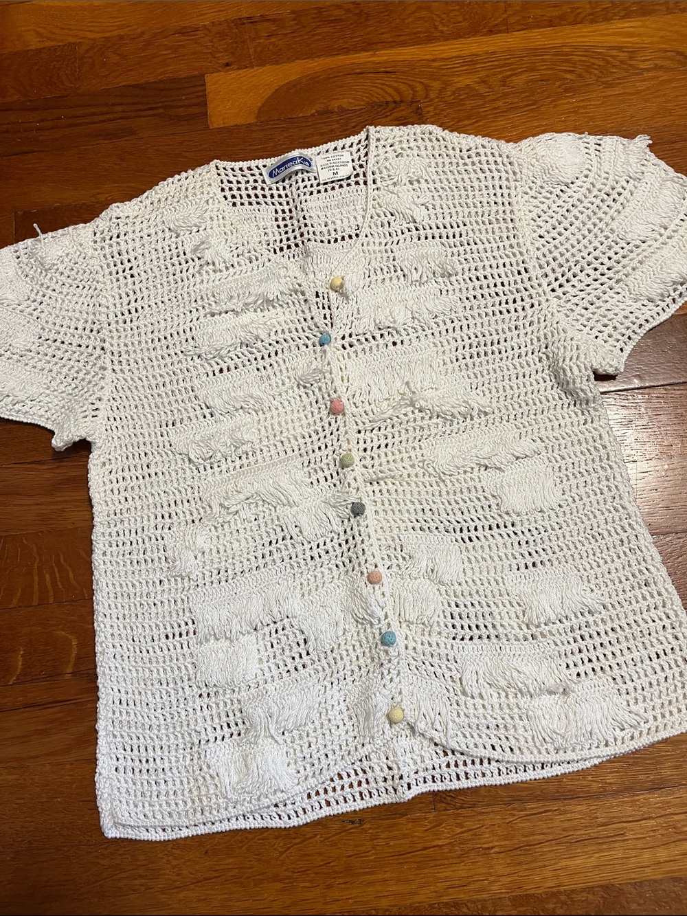 MarieaKim,crocheted top  M; 100%cotton. Made in Northern Mariana Islands. 1980